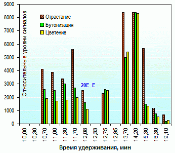 Хроматограммы экстрактов левзеи сафлоровидной - Rhaponticum carthamoides из вегетативных побегов по фазам развития(18k)