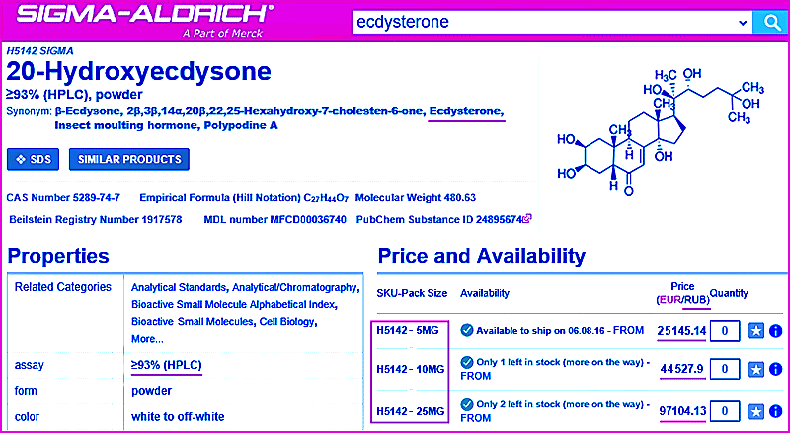 Экдистерон 93% чистоты: Стоимость от производителя Sigma за 10 мг = 41528 руб - Price ecdysterone (20-hydroxyecdysone) 10 mg (67k)